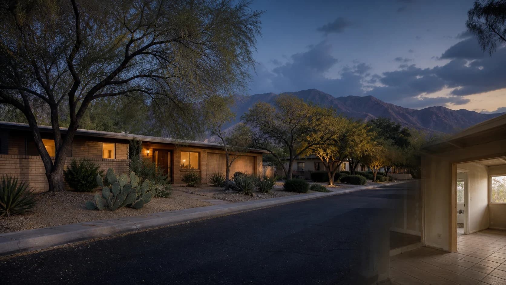 Tucson home and desert landscape near sunset